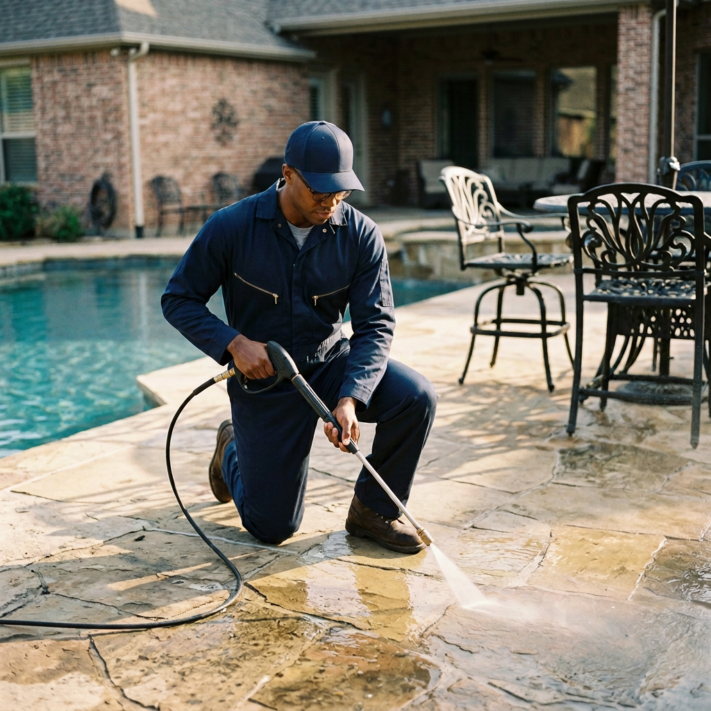 Kebulan technician cleaning a flagstone patio beside a pool