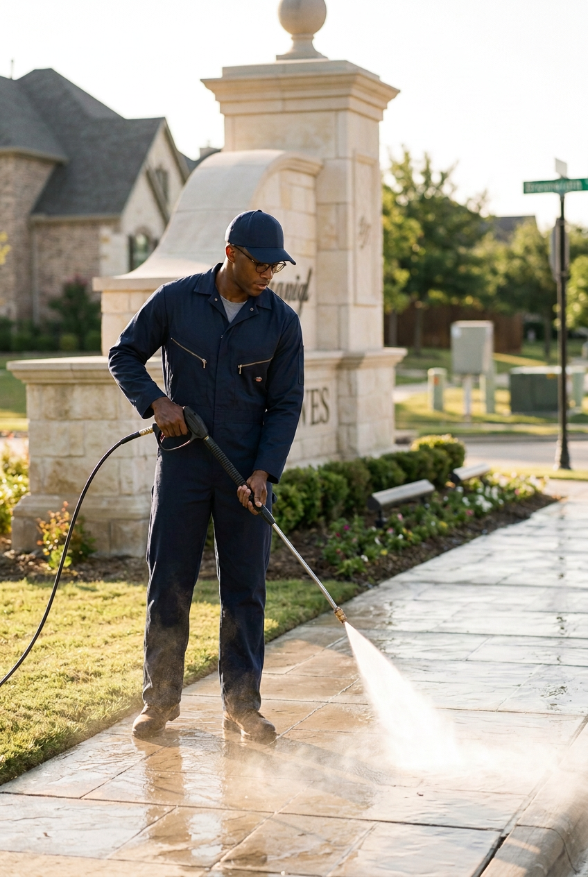 Kebulan technician pressure washing a commercial sidewalk at a stone entry monument