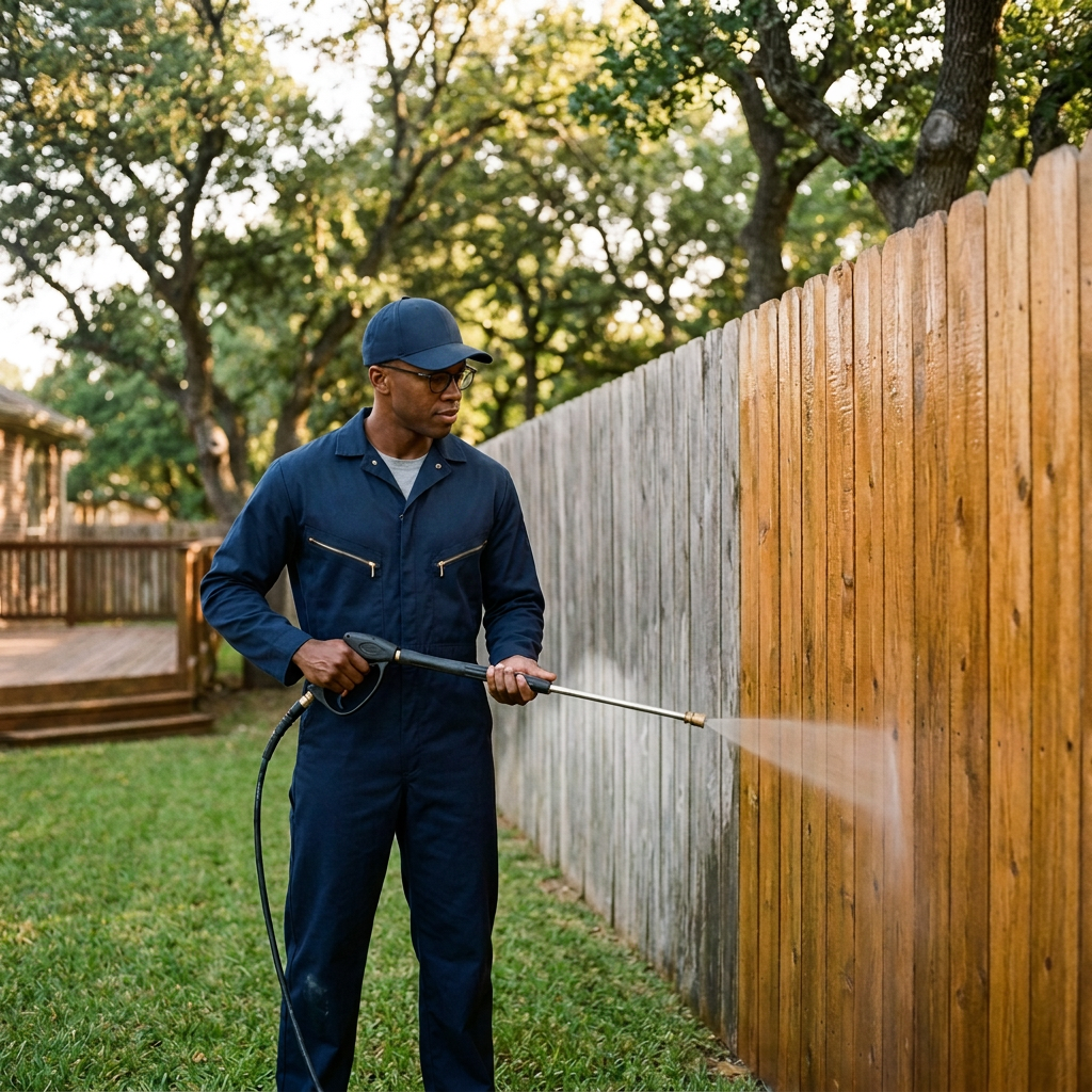 Kebulan technician rinsing a cedar fence and wood deck