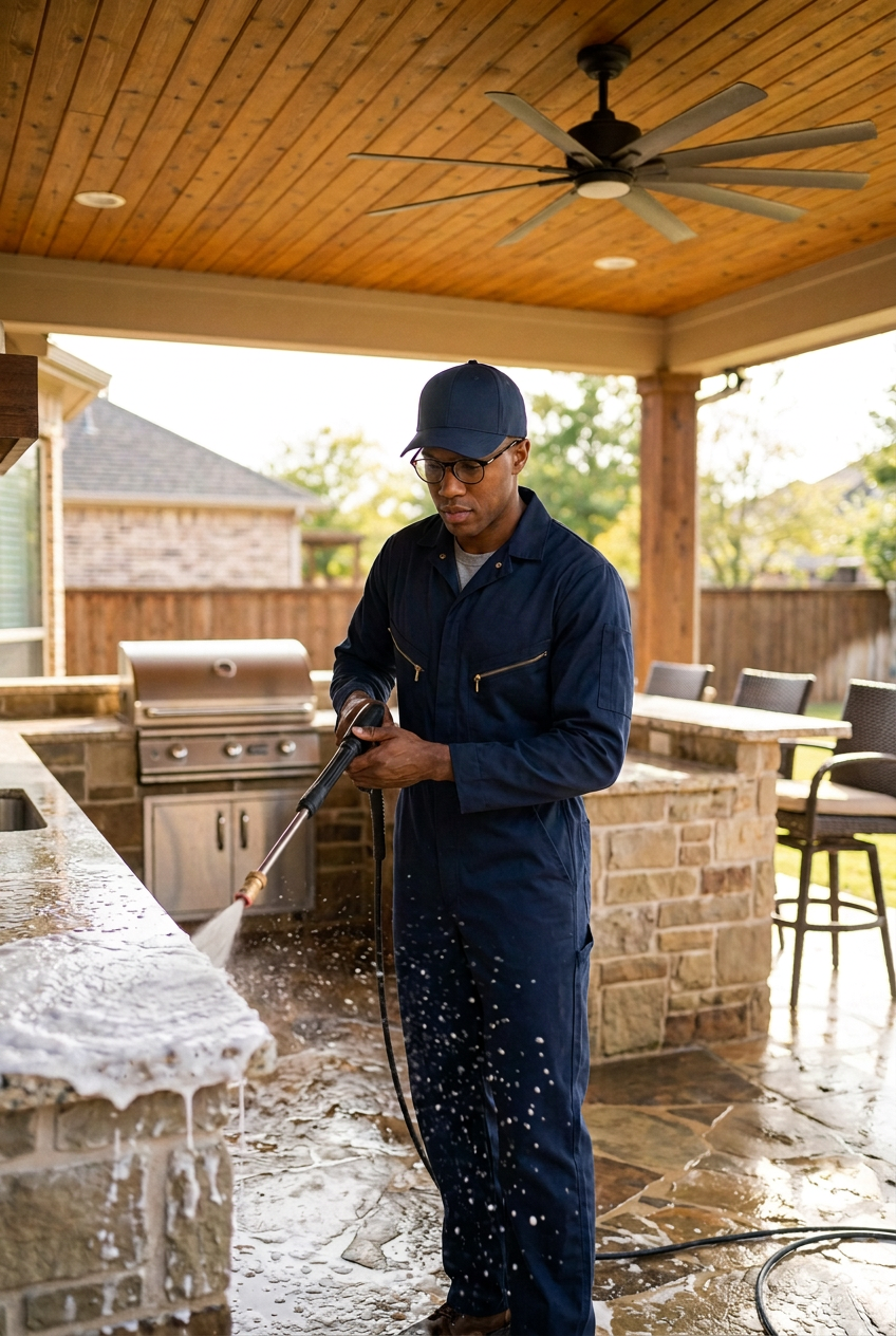 Kebulan technician cleaning a covered outdoor kitchen and flagstone patio