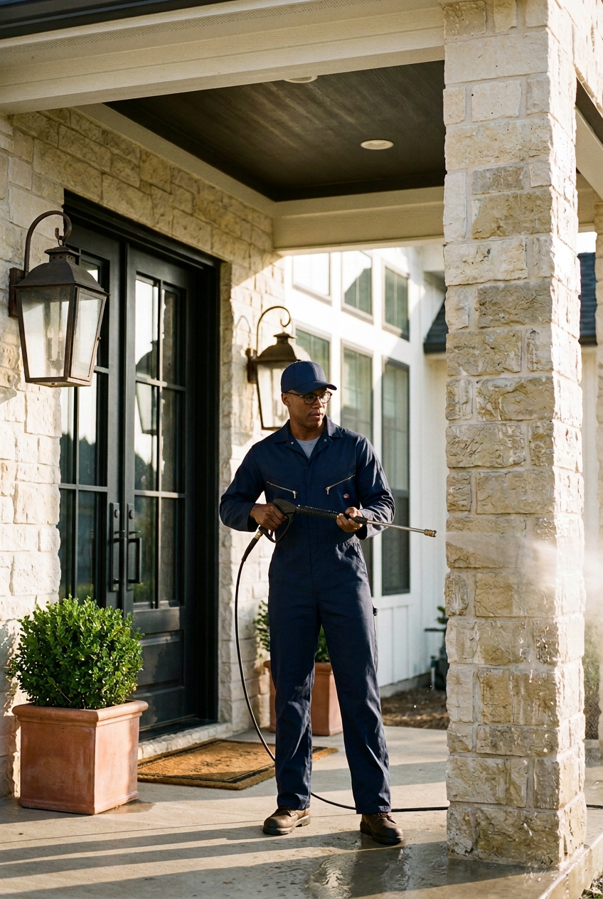 Kebulan technician soft-washing limestone entry columns and covered front porch