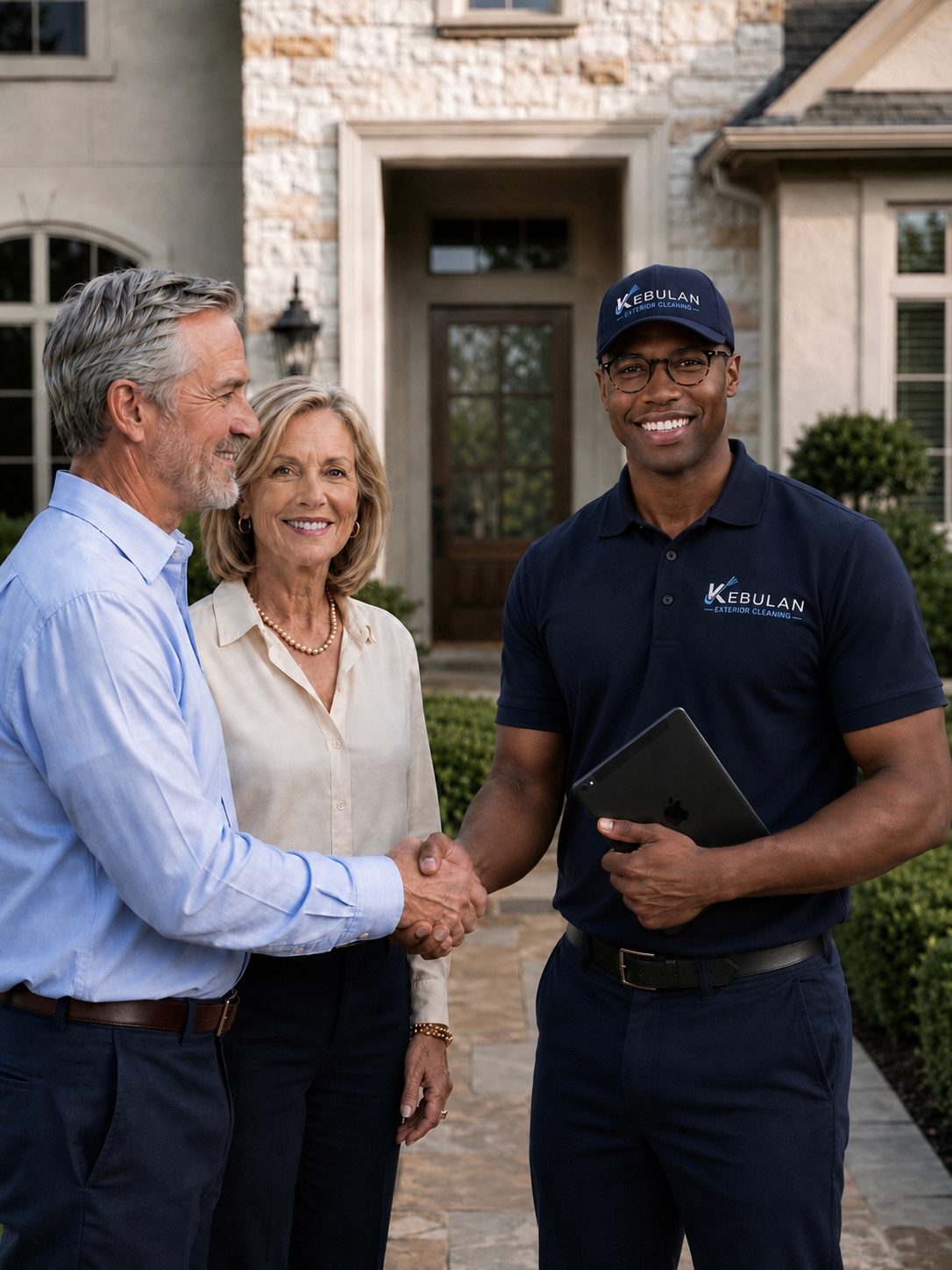 Kebulan Exterior Cleaning technician in navy uniform shaking hands with a homeowner couple at the front door of their stone home in Argyle, Texas
