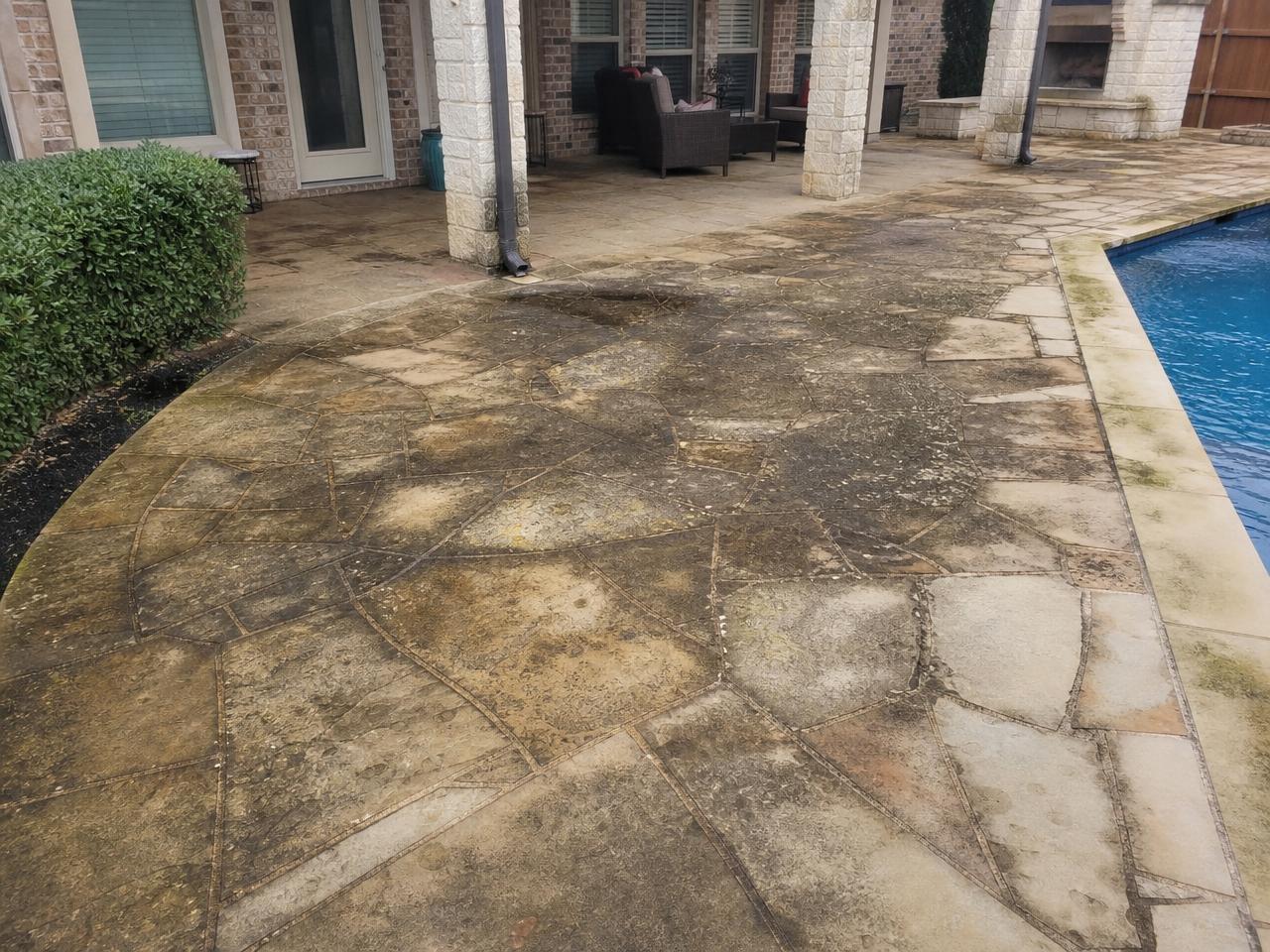 Flagstone patio before cleaning