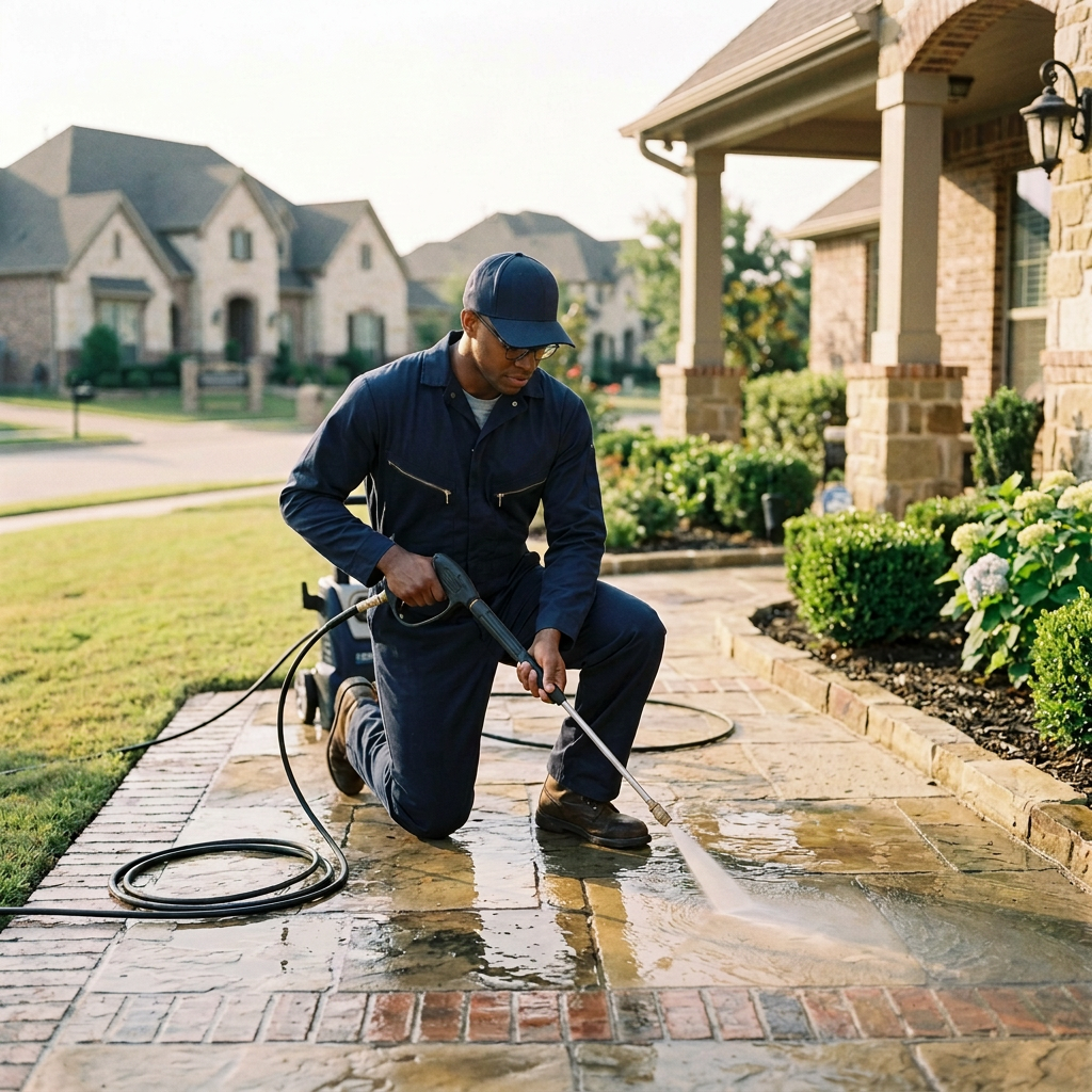 Kebulan technician pressure washing a stone front walkway at an Argyle, TX home