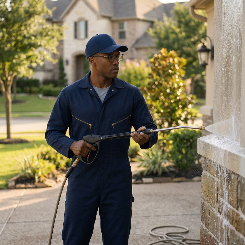 Kebulan technician soft-washing stucco siding on a two-story home