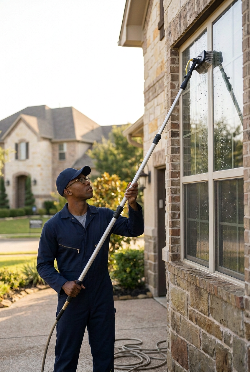 Kebulan technician cleaning second-story windows with a water-fed pole brush at an Argyle, TX brick and stone home