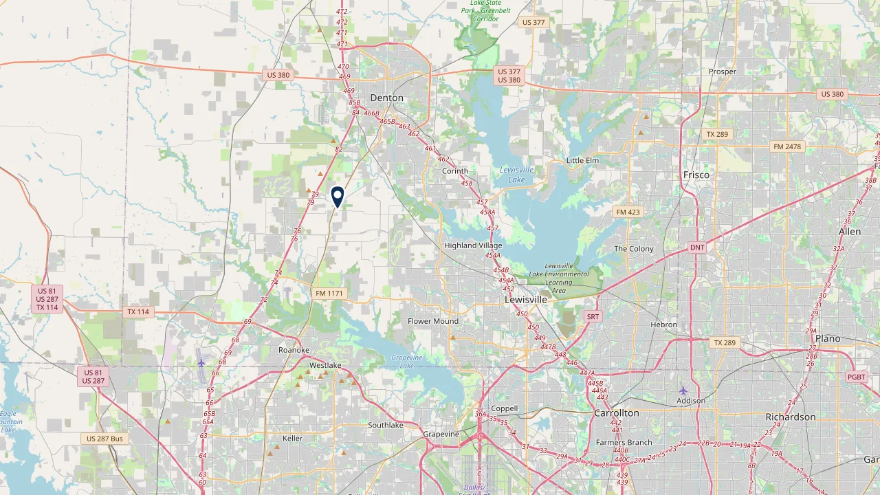 Kebulan Exterior Cleaning service area map covering Argyle, Bartonville, Lantana and Northlake, TX